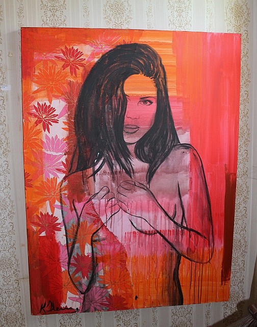 "KRISTIE STENNING (1980 - ) "KRISTIE STENNING (1980 - ) , Medium: LARGE ORIGINAL MIXED MEDIA PAINTING ON CANVAS, Title: Jill in Red , Artwork is Stretched and Ready to Hang , Size: 122cm x 91cm , Signature Details: Signed Lower Left , sold by Pottle Auctions, lot 302 — auction record photograph