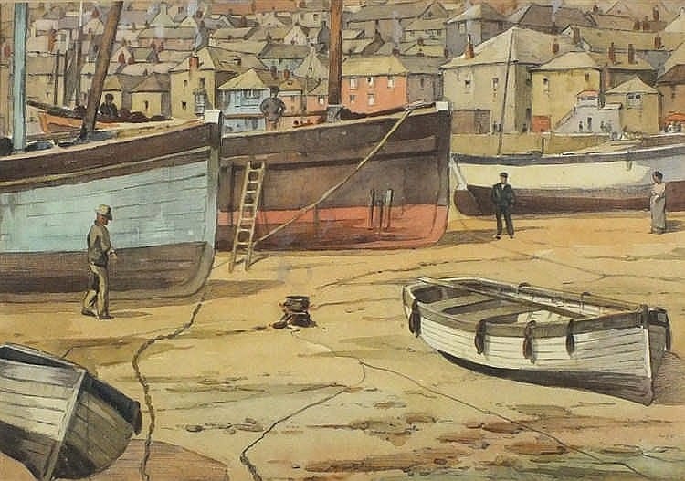 Louis Mortimer comparable auction result: lewis mortimer flourished 1920 1930 watercolour pencil figures boat