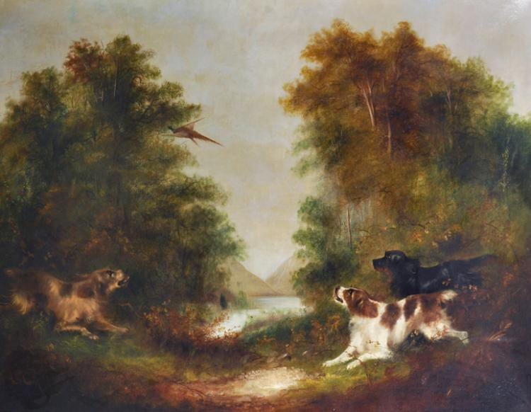 Frank Cassell comparable auction result: frank cassell 19th 20th century british a river landscape with spaniels putting up a pheasant oil on canvas signed 34 x 44