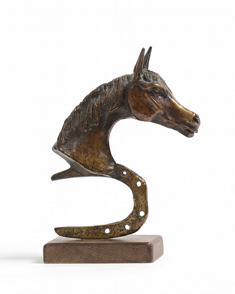 Georges Laurent comparable auction result: georges laurent n en 1940 t te de cheval arabe sur fer 2012 epreuve en bronze sign e et num rot e 3 8 fonte hare lepaud hauteur 21 5 cm