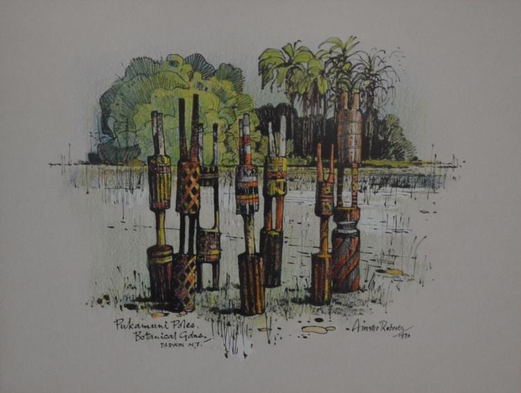 Ainslie Roberts comparable auction result: ainslie roberts 1911 1993 pukumani poles botanical gardens darwin nt ink and watercolour signed lower right and dated 70 t