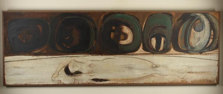 Guy Irving Anderson comparable auction result: guy irving anderson 1906 1998 wa virgin threatened by insistent symbols oil and mixed media composition on board showing a nu