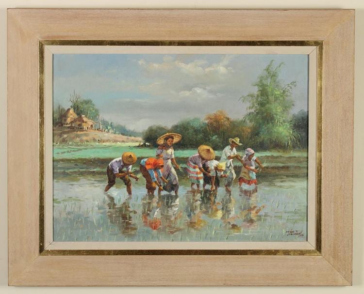 Oscar T Navarro comparable auction result: oscar t navarro 1921 1973 phillippines field work oil on canvas scene of a group of farmers tending to crops partially submer
