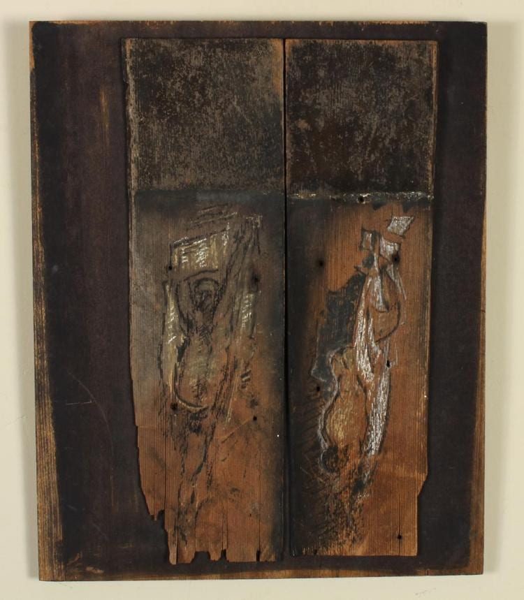 Guy Irving Anderson comparable auction result: guy irving anderson 1906 1998 wa shingle dyptich for daedalus oil on shingle boards affixed to large plank of wood