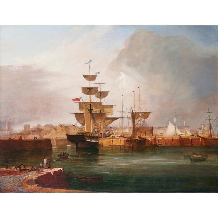 James Hall Cranstoun comparable auction result: james hall cranstoun scottish 1821 1907 shipping in arbroath harbour 74cm x 94 5cm 29in x 37in