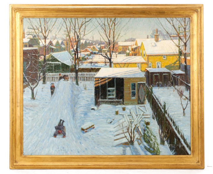 Frank J. Gavencky comparable auction result: frank j gavencky backyard snow scene 1925