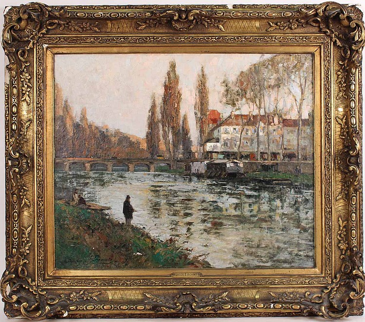 Oil on Canvas, Man Fishing, Paul Emile Lecomte sold by Nye & Company, lot 54 — auction record photograph