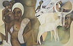 Jak Moses Katarikawe comparable auction result: jak moses katarikawe ugandan born 1940 village scene with women and cattle