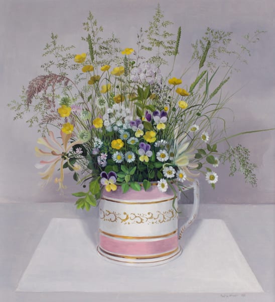 Audrey Johnson comparable auction result: audrey johnson 1919 british wild flowers in a pink and white gilded mug oil on board signed and dated 1985 13 75 x 13 5
