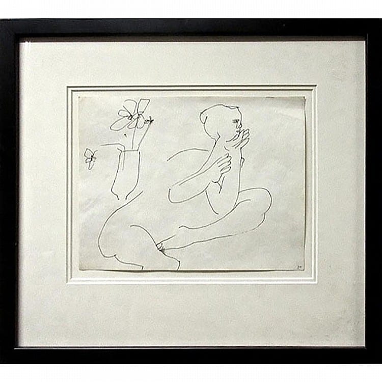 Joyce Wieland comparable auction result: joyce wieland canadian 1930 1998 seated figure with vase of flowersink drawing initialed lower right sheet 8 3 x 11 estimate 200 300
