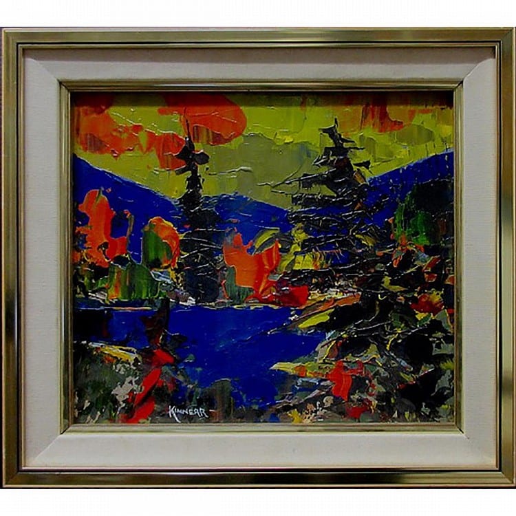 John H. Kinnear comparable auction result: john h kinnear canadian 1920 2003 north of windy lakeoil on masonite signed lower left signed titled and dated 71 verso14 x 16 35 6 x 40 6 cm estimate 125 175