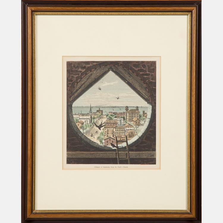 John Douglas Woodward comparable auction result: john douglas woodward 1846 1924 glimpse of sandusky from st paul s church 1875 hand colored etching