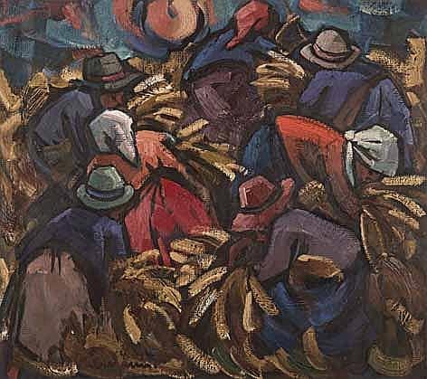 Hendrik Christiaan Niemann comparable auction result: hendrik christiaan niemann south african 1941 harvesters in a field oil