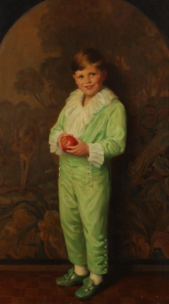 Margaret Lindsay Williams comparable auction result: margaret lindsay williams british 1888 1960 young boy in green outfit with apple signed and dated 1930 lower left oil on canvas