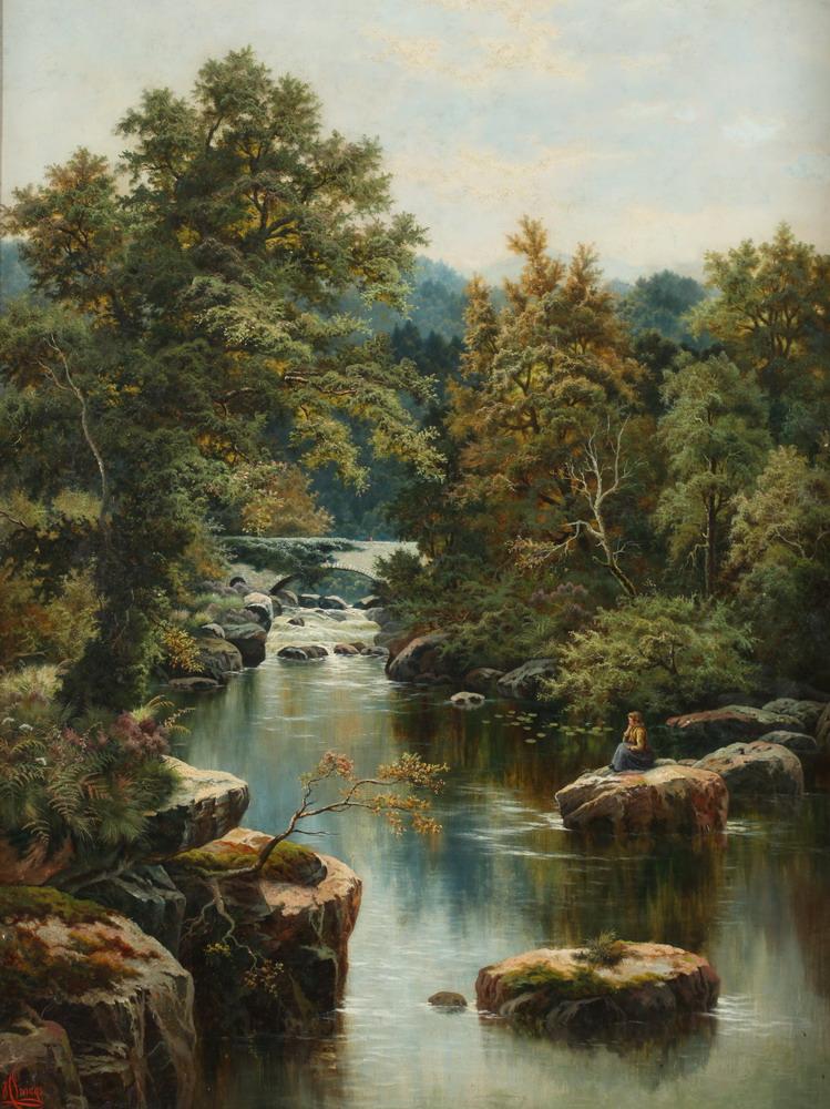 Henry Livens comparable auction result: henry livens british 19th century girl seated on rock by waterfall signed lower left oil on canvas