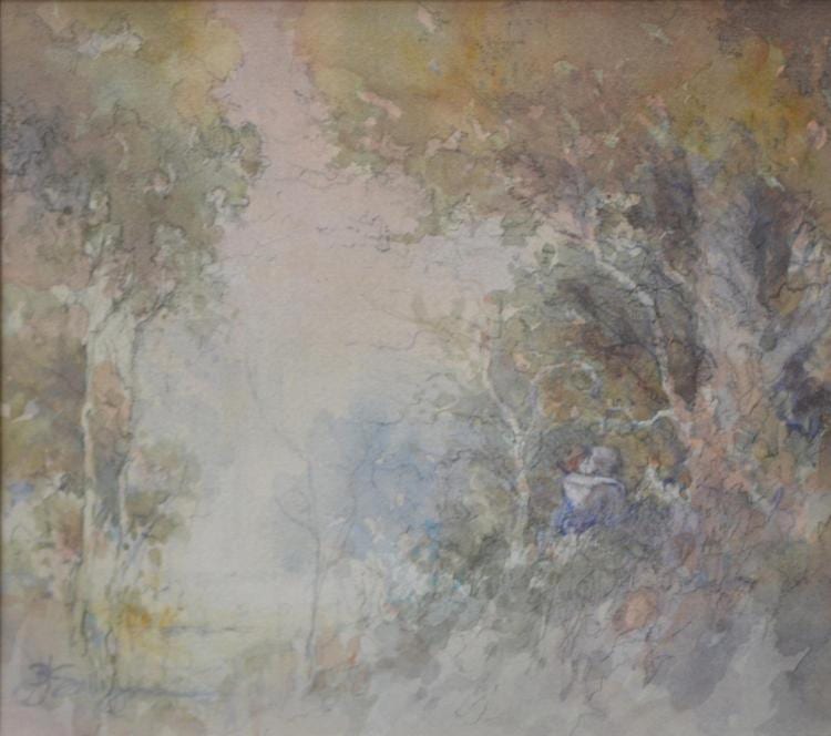 Brian James Gilligan comparable auction result: brian james gilligan forrest scene with lovers watercolour and pastel 25 x 28 5cm