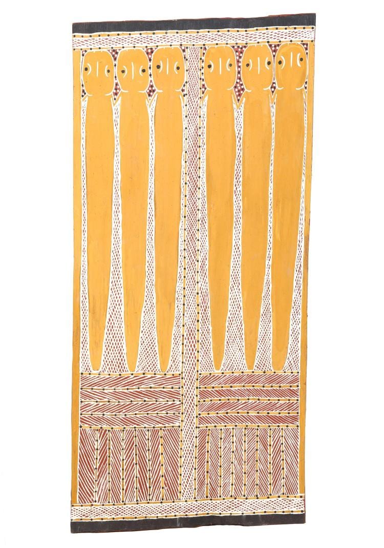 Jimmy Wululu comparable auction result: jimmy wululu 1936 2005 bone cofffin and spearthrowers 1995 natural earth pigments on eucalyptus bark