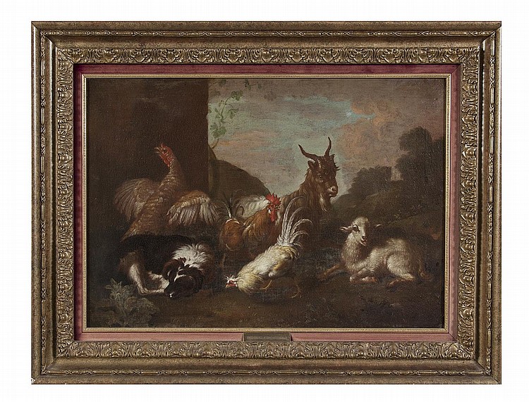 Melchior d'Hondecoeter comparable auction result: melchior d hondecoeter 1636 1695 a graphic of fowl and goat with sleeping spaniel and sheepoil on canvas 44 x 62cm