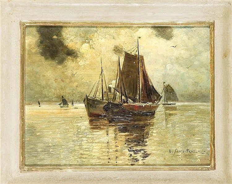 Alfred Schweitzer comparable auction result: alfred schweitzer 1882 1960 fischkutter auf ruhiger see l hartfaser u