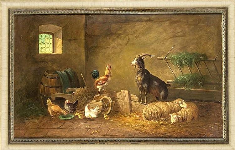 Adolf Nowey comparable auction result: adolf nowey ca 1835 ziegenbock schafe und h hner im stall l lwd