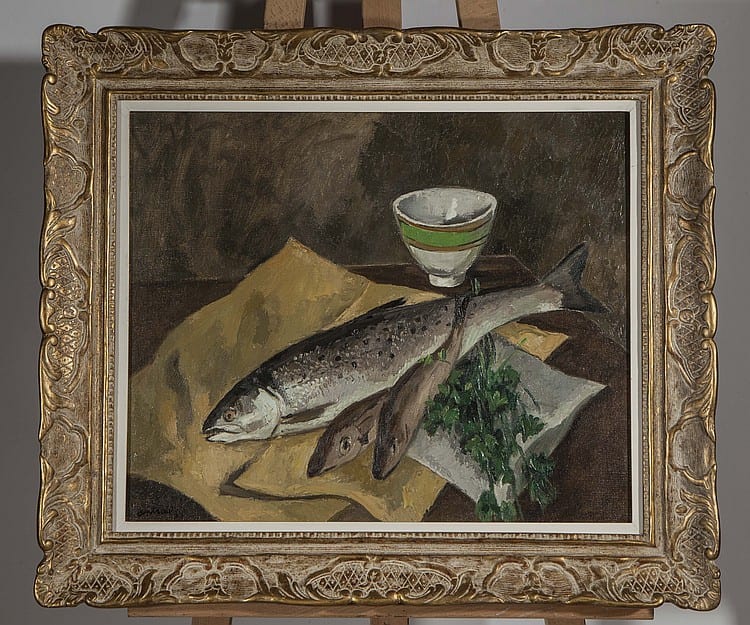 Louis-Robert Antral comparable auction result: louis robert antral 1895 1939 nature morte a la truite huile sur toile signee en bas a gauche et datee 34 46x55 cm provenance exposee a la galerie notre dame