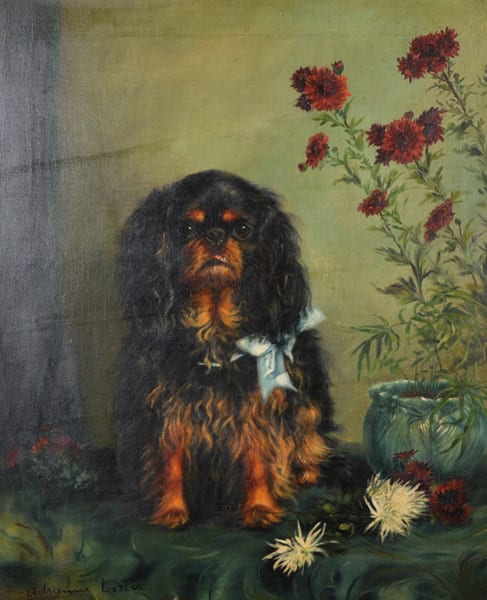 Adrienne Lester comparable auction result: adrienne lester 1870 1950 british study of a king charles spaniel with a blue bow round the neck and flowers in a green bowl oil on canvas 24 x 20