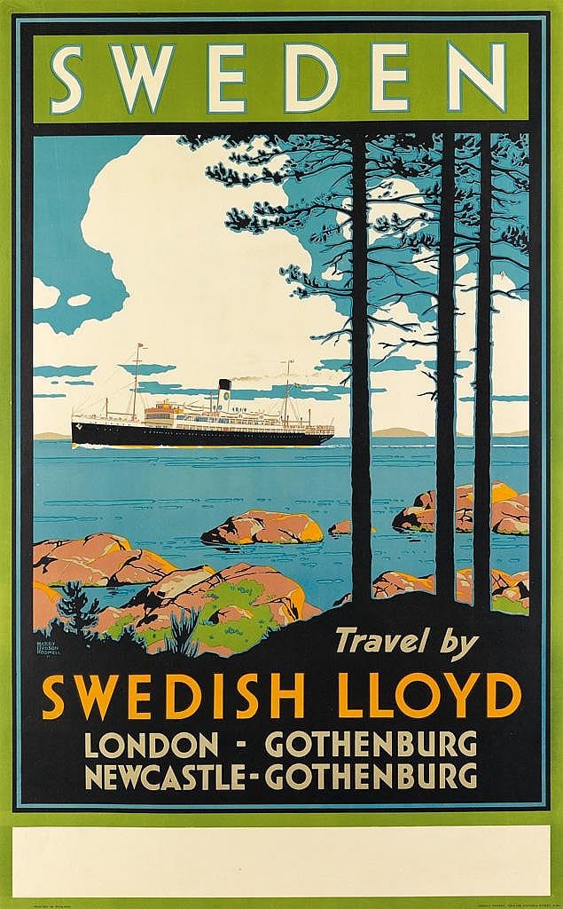Harry Hudson Rodmell comparable auction result: harry hudson rodmell 1896 1984 sweden travel by swedish lloyd circa 1930 39x25 inches 101x63 cm ronald massey london