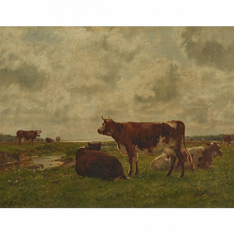 Adolphe Charles Marais comparable auction result: adolphe charles marais 1856 1940 frenchcows in a fieldoil on canvas signed lower left20 x 26 50 8 x 66 cm estimate 1 500 2 000