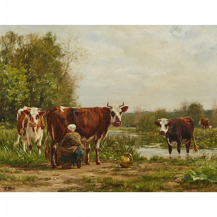 Adolphe Charles Marais comparable auction result: adolphe charles marais 1856 1940 frenchmilking cows in the fieldoil on canvas signed lower left20 x 26 50 8 x 66 cm estimate 1 200 1 800