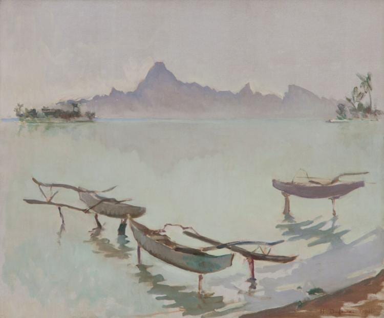 Henri Dufaux comparable auction result: henri dufaux 1879 1980 pirogues au sec a tahiti huile sur toile signee titree au verso 46 5x55 cm