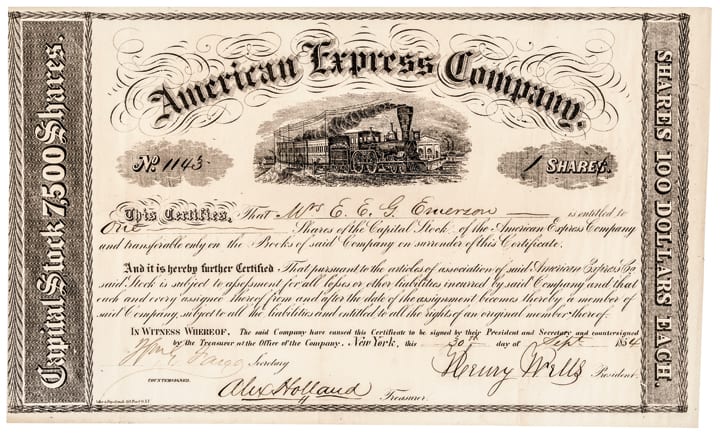 Henry Wells comparable auction result: 1854 henry wells william fargo signed american express stock certificate