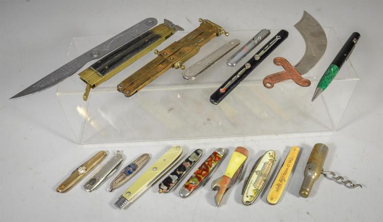(18) items: 8 pen knives, Anheuser Busch bottle shaped cork screw, pencil knife, Shenandoah souvenir scimitar, souvenir from the Gre... sold by William Bunch Auctions & Appraisals, lot 2663 — auction record photograph