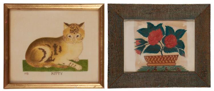 American School 19th Century Still Life with Roses; Together with a Theorem Painting of a Cat sold by DOYLE Auctioneers & Appraisers, lot 266 — auction record photograph
