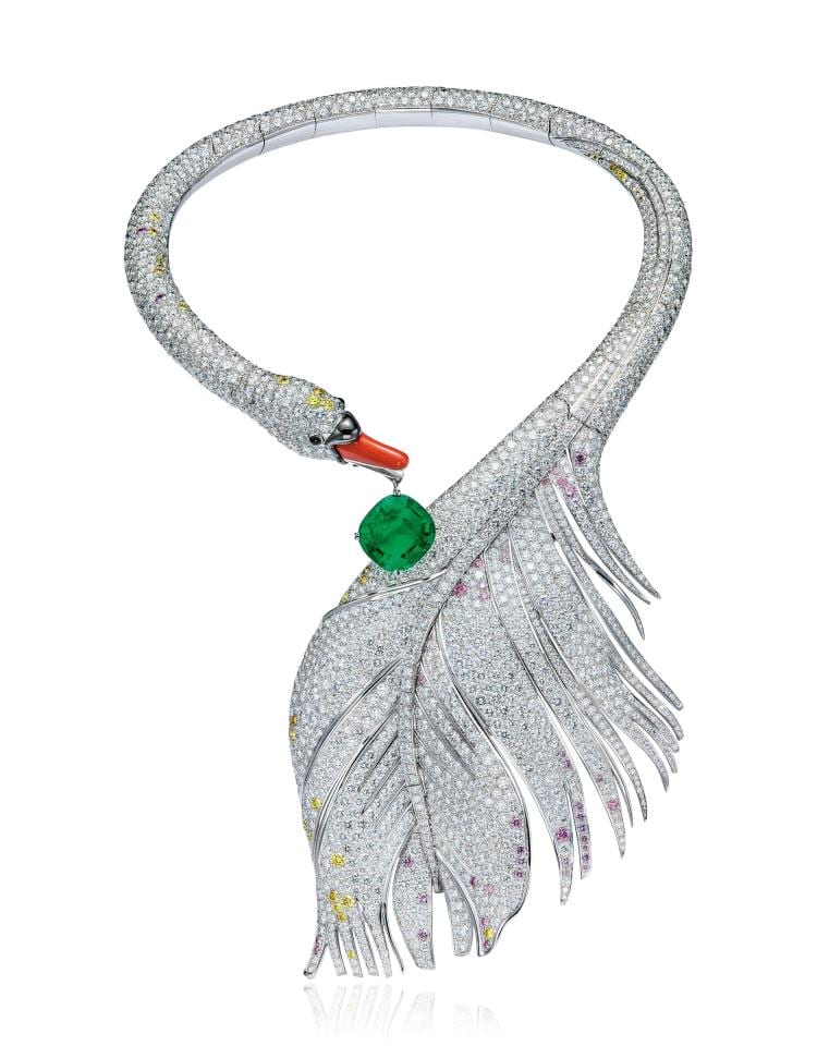 A CORAL, ONYX, DIAMOND AND EMERALD 'SWAN' NECKLACE, BY Boucheron comparable sale
