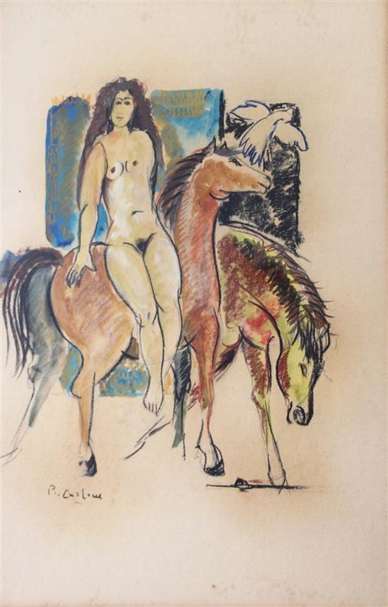 Pio Carlone comparable auction result: pio carlone 1939 naked woman with two horses charcoal and watercolour on board signed lower left 50 x 44cm