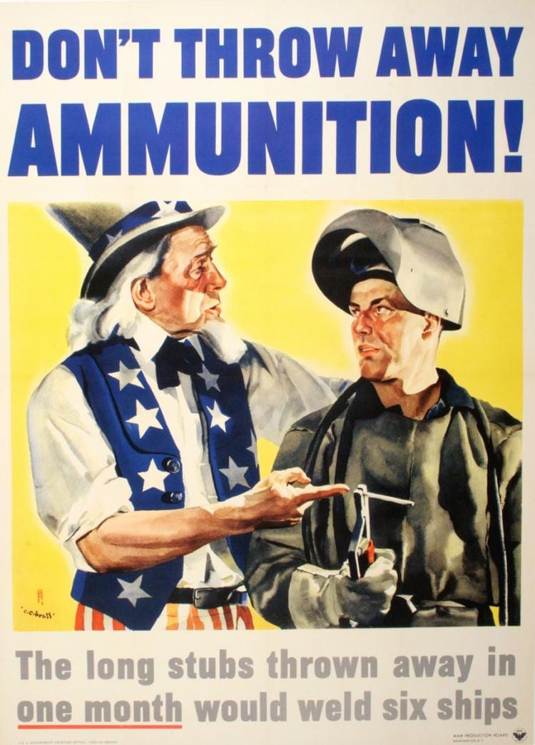 DON'T THROW AWAY AMMUNITION! ORIGINAL VINTAGE WWII POSTER BY C.C. BEALL 1942 sold by The Ross Art Group, Inc, lot 162 — auction record photograph
