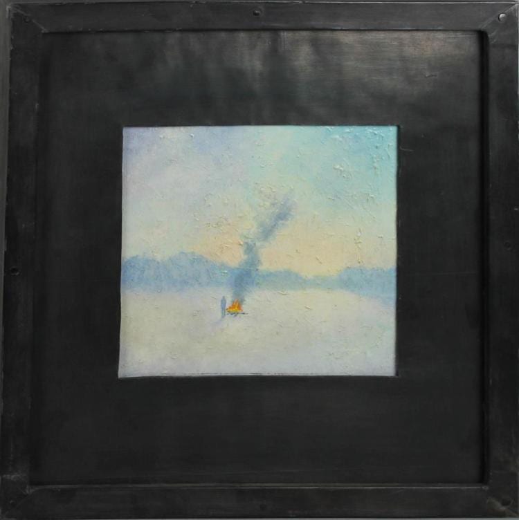 Adam Straus comparable auction result: adam straus american 1956 man trying to keep warm oil on paper encased in lead 14 x 14 in framed