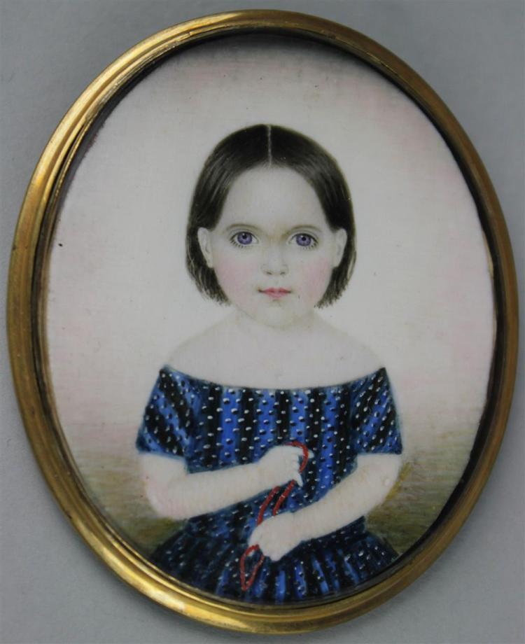 Clarissa Peters Russell comparable auction result: clarissa peters russell mrs moses b russell american 1809 1854 girl in a patterned blue dress and coral beads circa 1845 wat