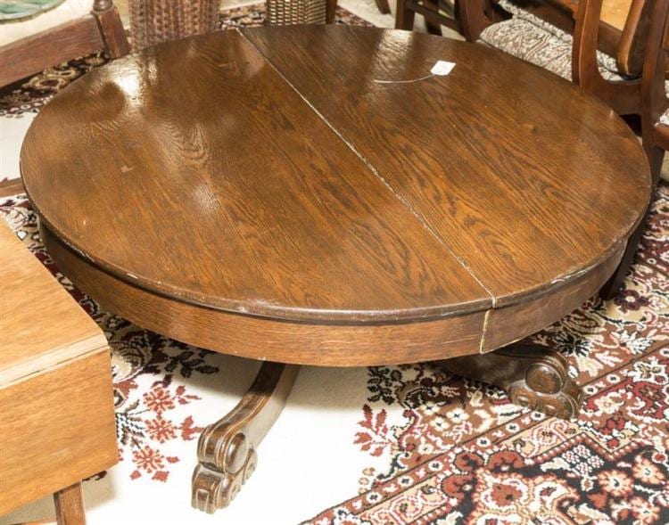 H. Coffee comparable auction result: oak pedestal table reduced to coffee table height