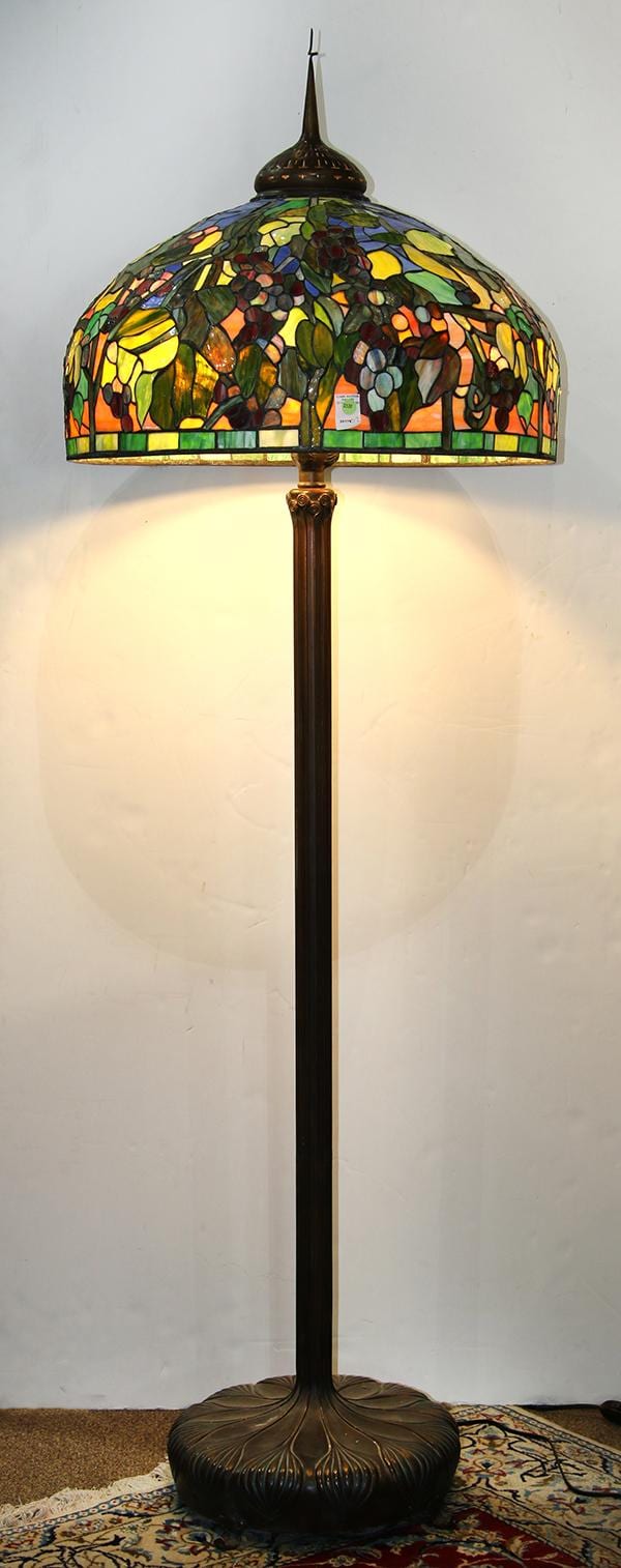 tiffany style leaded glass floor lamp the domed shade decorated with grape vines · Clars Auctions · 2017-04-23 F. Glass comparable auction result: tiffany style leaded glass floor lamp the domed shade decorated with grape vines