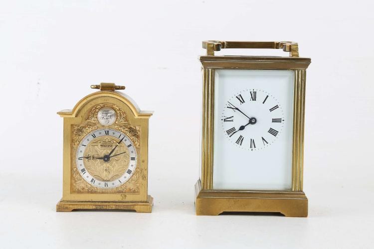 An Edwardian brass and five glass carriage clock, sold with a small Swiza clock in satin brass (2). sold by Chiswick Auctions, lot 37 — auction record photograph