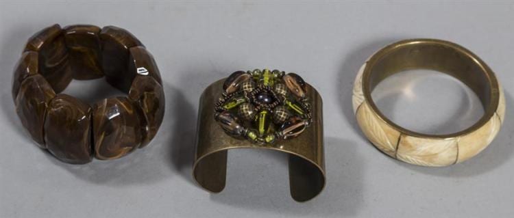 T. Cuff comparable auction result: three bangle bracelets one cuff brass with brown and green stone cluster one bangle made in india of carved ivory colored stones