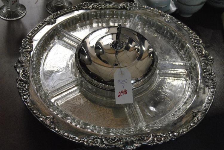 plated silver lazy susan on pedestal with six glass fitted containers and a lidded dish the center · Link Auction Galleries · 2017-04-21 F. Glass comparable auction result: plated silver lazy susan on pedestal with six glass fitted containers and a lidded dish the center