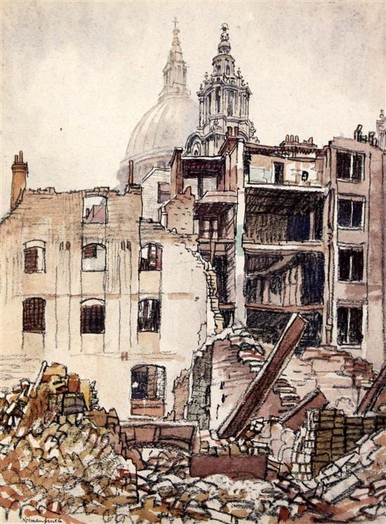 Norman Janes comparable auction result: norman janes 1892 1980 bomb damage ave maria lane st mary le bow 20 x 15in 19 x 14 5in unframed