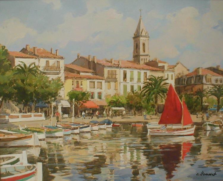 Claude Jousset comparable auction result: claude jousset b 1935 france oil on canvas of a small harbor on the riviera petit port la cote d azur 16 1 8 by 13