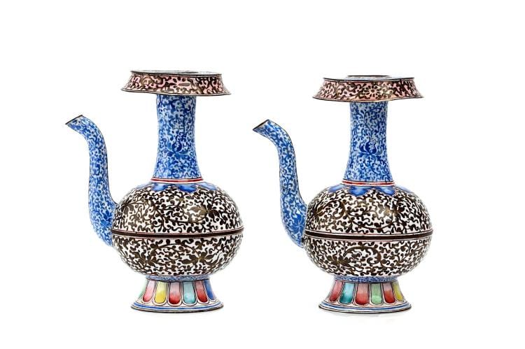 A PAIR OF CHINESE CANTON ENAMEL TIBETAN-STYLE EWERS, PENBA HU. sold by Chiswick Auctions, lot 210 — auction record photograph