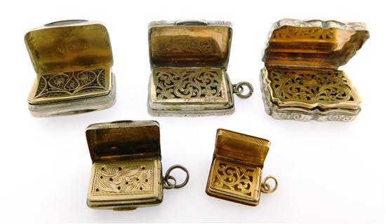 SILVER: Five vinaigrettes, four with English hallmarks, smallest without marks: largest with Birmingham hallmark, etched foliate dec... sold by Winter Associates, Inc., lot 123 — auction record photograph
