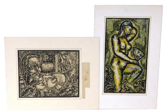 Ben Earl Looney comparable auction result: ben earl looney american 1904 1981 two woodcuts death of an old one signed in pencil man and woman mourn for central figure
