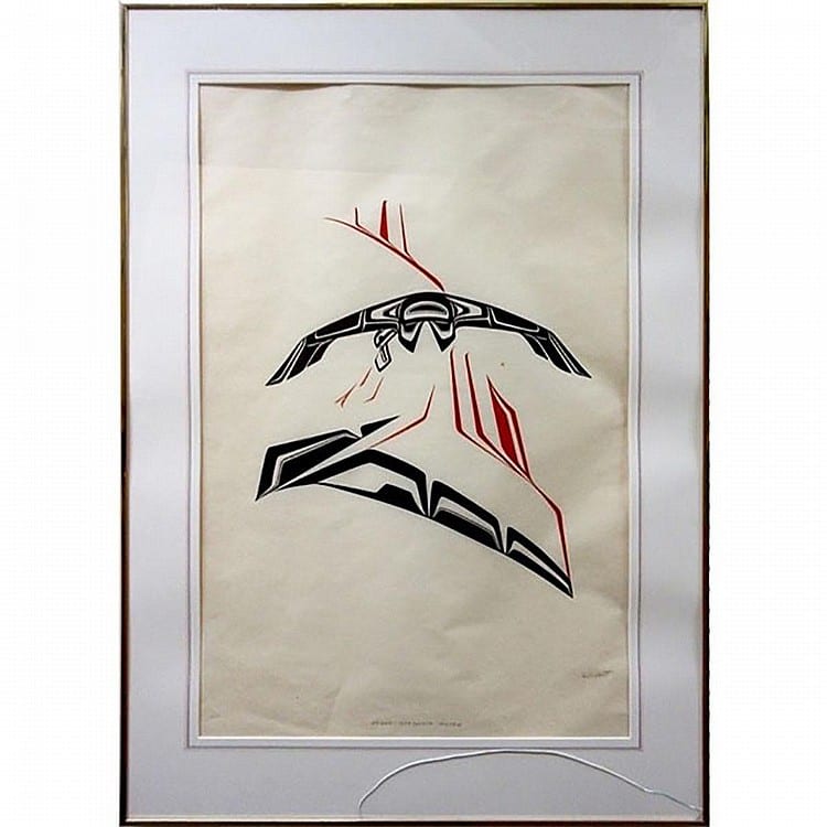 Ken M. Mowatt comparable auction result: ken m mowatt indigenous 1944 weget stealing water silkscreen signed titled and numbered 44 50 sight 30 x 19 8 note glass cracked lower right