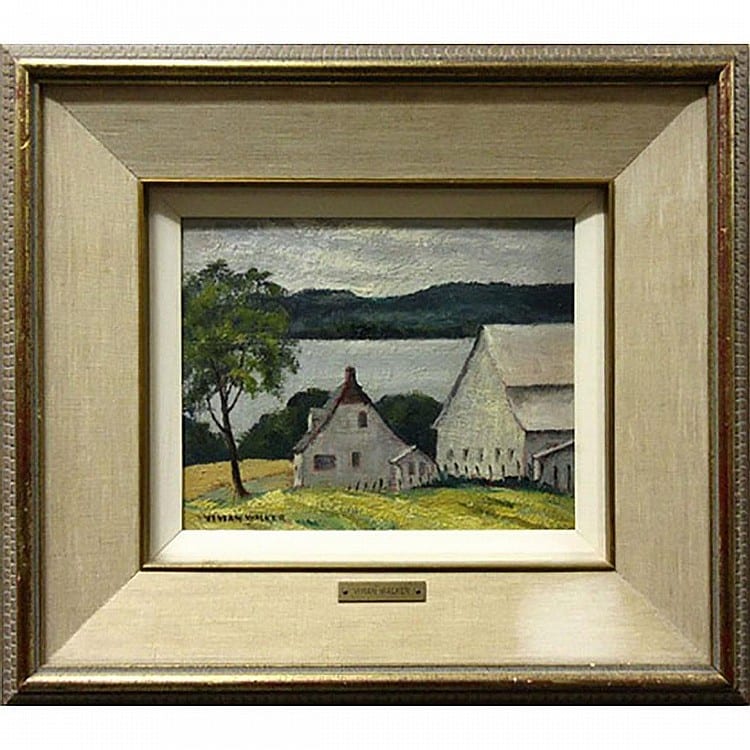 Vivian Walker comparable auction result: vivian walker canadian 1903 1972 august oka oil on masonite signed lower left titled to sticker label verso inventory number 49 8 x 10 20 3 x 25 4 cm